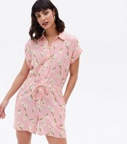 New Look Pink Daisy Spot Tie Front Collared Playsuit